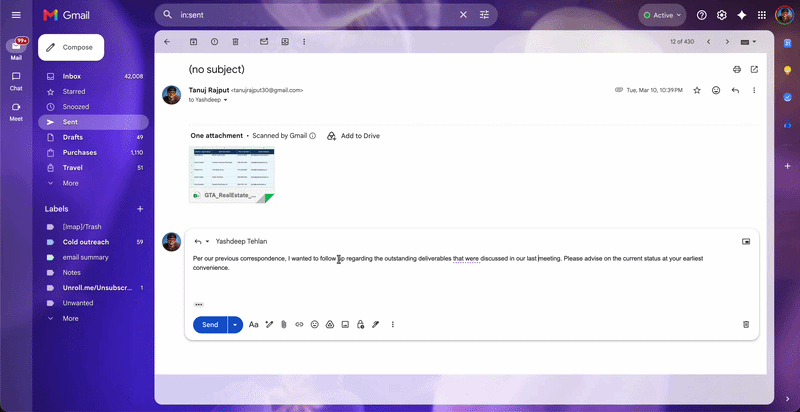 Following up politely on an email draft in Gmail with Alter